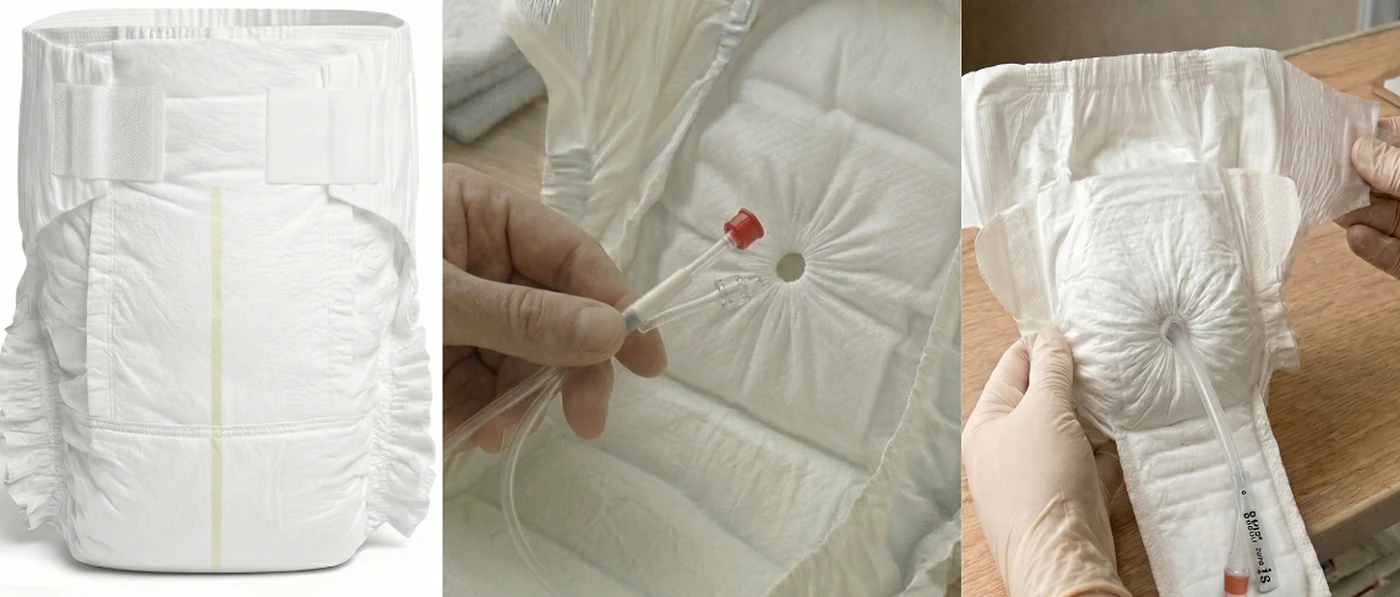 CathEase™ prototype: diaper, built-in port with catheter, and catheter threaded through the port