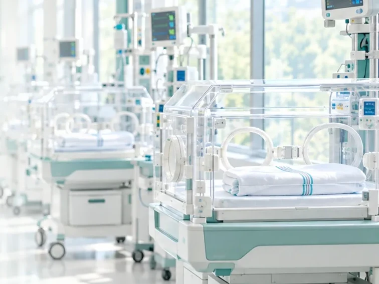 A bright neonatal-care room with bassinets and bedside monitors.