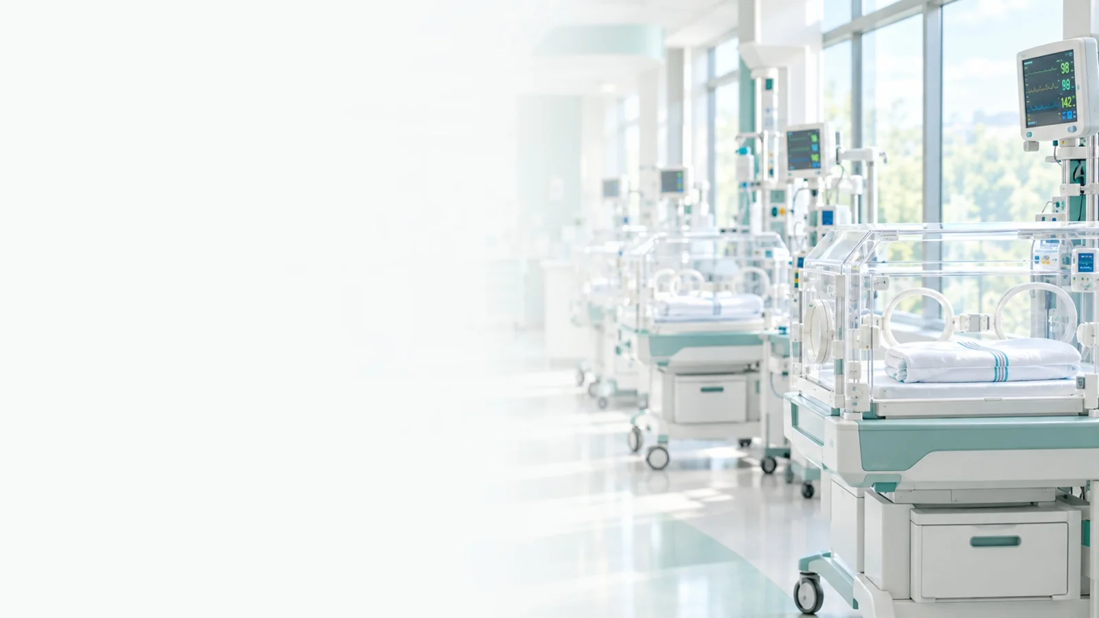 A bright neonatal-care room with bassinets and bedside monitors.
