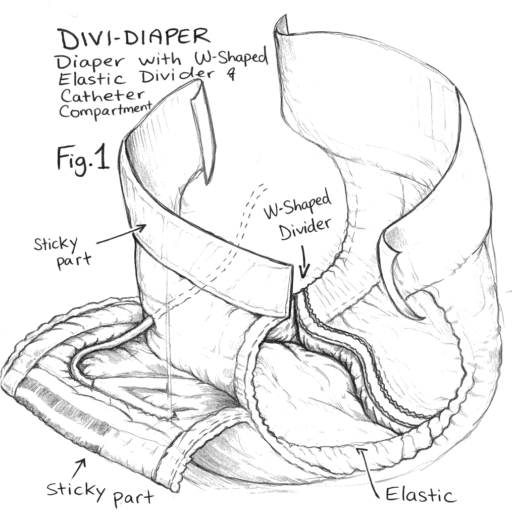 Original DiviDiaper concept sketch — W-Shaped Elastic Divider with Catheter Compartment